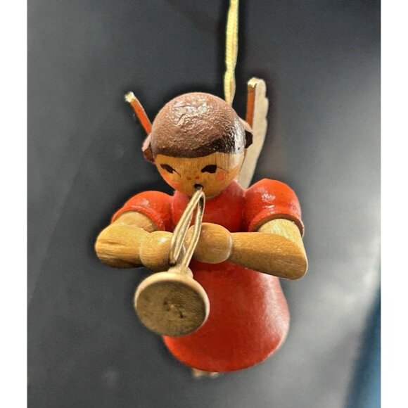 Erzgebirge Figure Ornament Wooden Angel playing Trumpet Musical Instrument 2.5" - Picture 10 of 10